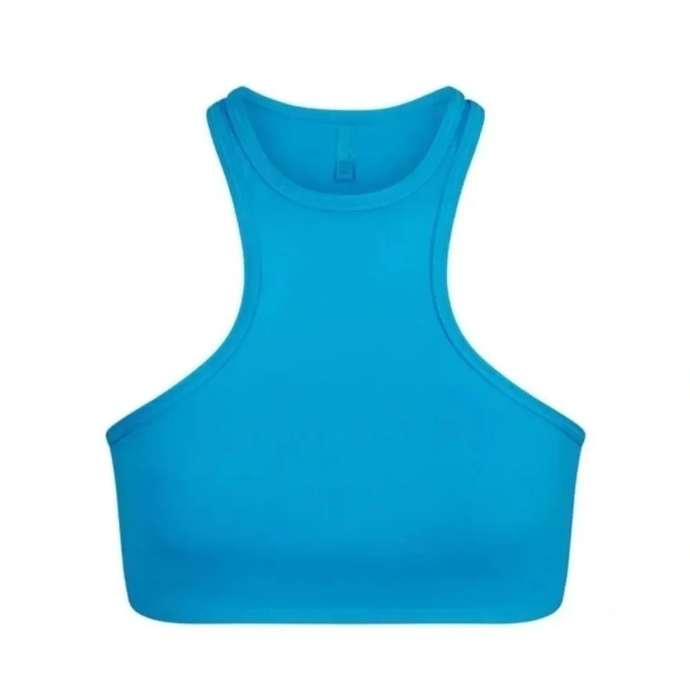 NWT SKIMS recycled swim high neck racerback bikini top turquoise blue xs